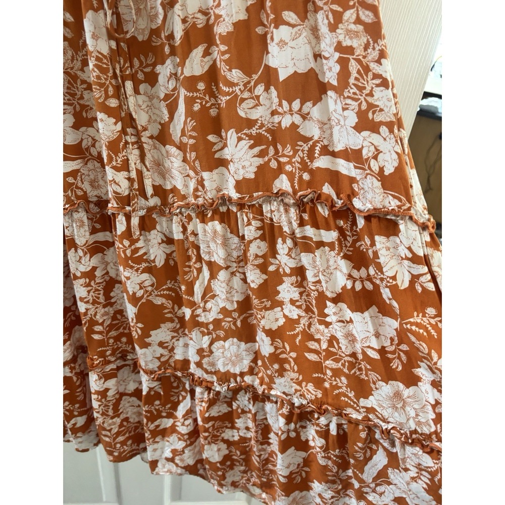 Floral Midi Dress M White Burnt Orange Boho Tiered V Neck Short Sleeve Tie Waist - Picture 8 of 11